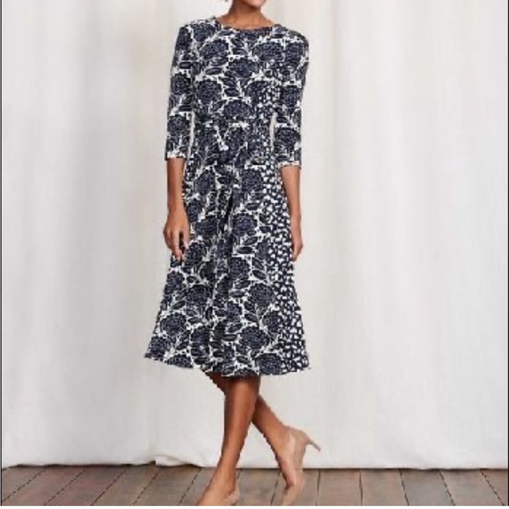 Boden navy and cream Anna hodgepodge jersey dress with tie wrap belt 8L